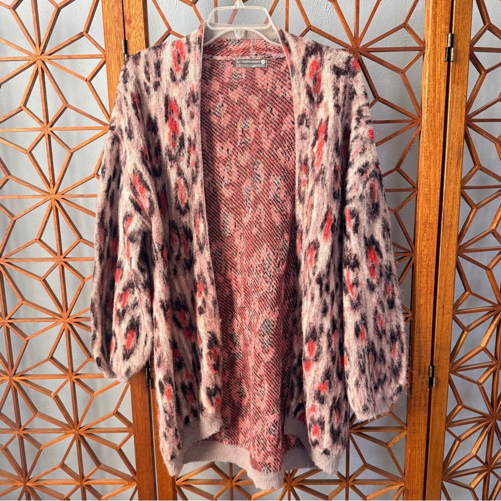 Anthropologie Zoey Leopard Alpaca Wool Blend Long Sleeve Open Cardigan Sz M